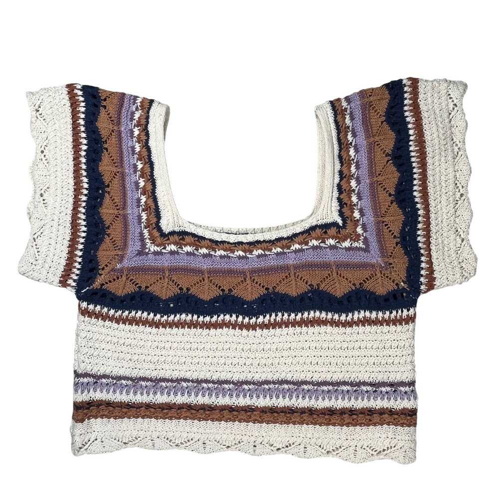 POL Crochet Knit Top Women S Square Neck Cropped Cottagecore Festival Boho